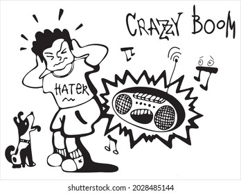 Contour sketch image of a guy with a dog, dissatisfied with the loud music pouring from an evil tape recorder with teeth that is chasing him