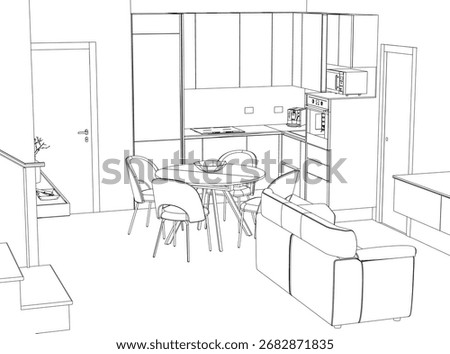 A contour sketch of a kitchen interior features a dining table with chairs, a sofa, and a door. The detailed drawing includes cupboards, a microwave oven, and a stove.