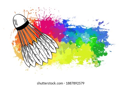 Contour sketch of a shuttlecock with a hatching on rainbow grunge trace with watercolor splashes. Equipment for sports games. Vector templatet for logos, banners, cards and your design.