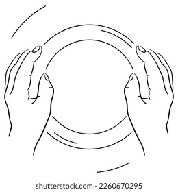 Dibujo de fondo de la vista superior de las manos que hacen un gran jarrón de arcilla sobre la rueda de un alfarero. Tragedia para el diseño.