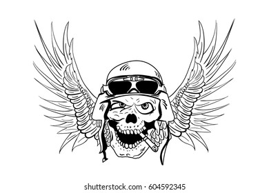Contour skull with cigar and wings, tattoo, coloring for adults. Vector illustration