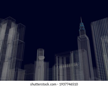 The contour of skyscrapers on a dark blue background. 3D. Vector illustration