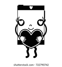 contour smartphone kawaii with romantic heart in the hands