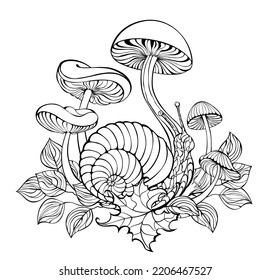 Contour snail crawling among large forest mushrooms and autumn leaves on white background. Coloring. Outline drawing.