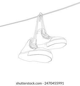 Contour Sneakers hanging from a rope on the white background. Vector illustration.