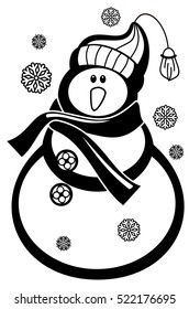 Contour snowman and snowflakes a white background. Coloring page for children and adults. Black and white. Vector clip art.