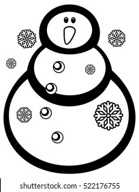 Contour snowman and snowflakes a white background. Coloring page for children and adults. Black and white. Vector clip art.