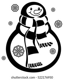 Contour snowman and snowflakes a white background. Coloring page for children and adults. Black and white. Vector clip art.