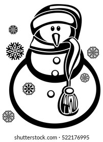 Contour snowman and snowflakes a white background. Coloring page for children and adults. Black and white. Vector clip art.