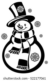 Contour snowman and snowflakes a white background. Coloring page for children and adults. Black and white. Vector clip art.