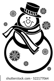 Contour snowman and snowflakes a white background. Coloring page for children and adults. Black and white. Vector clip art.
