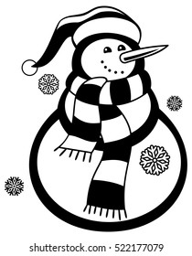 Contour snowman and snowflakes a white background. Coloring page for children and adults. Black and white. Vector clip art