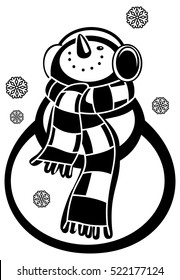 Contour snowman and snowflakes a white background. Coloring page for children and adults. Black and white. Vector clip art