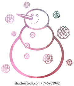 Contour snowman and snowflakes a white background. Color, mosaic, sparkling. Vector clip art.