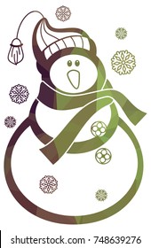 Contour snowman and snowflakes a white background. Color, mosaic, sparkling. Vector clip art.