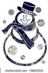 Contour snowman and snowflakes a white background. Color, mosaic, sparkling. Vector clip art.