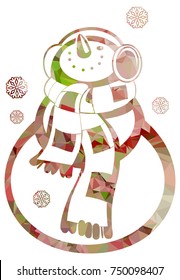 Contour snowman and snowflakes a white background. Color, mosaic, sparkling. Vector clip art.