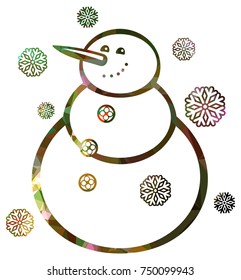 Contour snowman and snowflakes a white background. Color, mosaic, sparkling. Vector clip art.