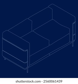 Contour sofa from blue lines. Isometric view. Vector illustration