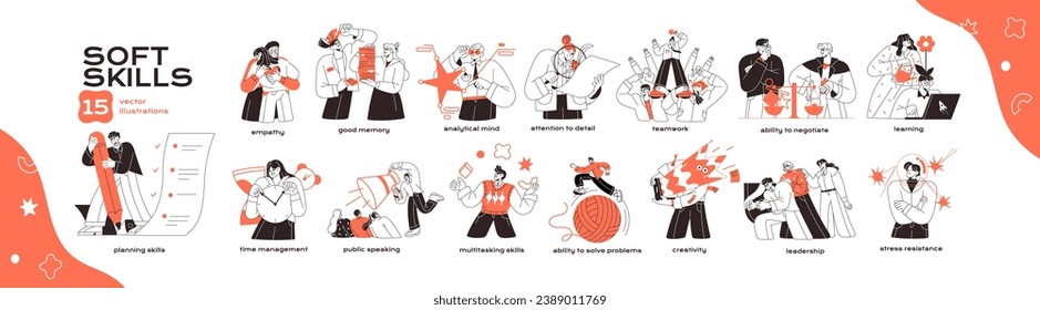 Contour soft skills set. Employees corporate abilities, workers competencies- communication, teamwork, time management, multitasking. Lineart HR business. Flat isolated vector illustration on white