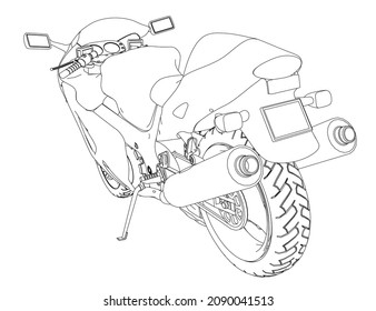 Contour of a sports motorcycle from black lines isolated on a white background. Perspective view. Vector illustration