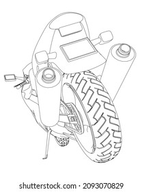 Contour of a sports motorcycle from black lines isolated on a white background. Back view. Vector illustration