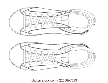 The contour of sports sneakers from black lines isolated on a white background. View from above. 3D. Vector illustration.