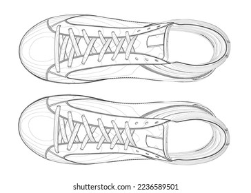 The contour of sports sneakers from black lines isolated on a white background. View from above. 3D. Vector illustration.