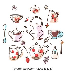 contour and spot drawings, cup and teapot set, fun cups for tea and coffee