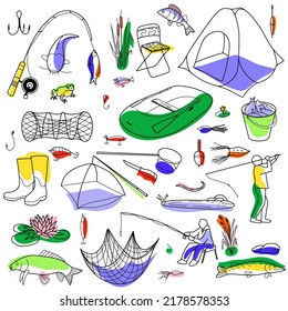 contour and spot drawings, fishing elements set. fisherman, fishing rod, landing net, fish, tent, inflatable boat, bucket with fish, keys, bait, yater net lake boots floats