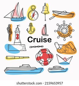 contour and spot drawings, a set of cruise elements yacht, ship, boat, lighthouse, sail, anchor, lifebuoy map steering wheel compass