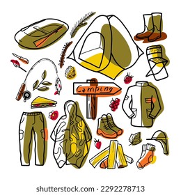 dibujos de contorno y spot, conjunto de elementos para el senderismo, acampada