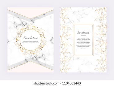 Contour spring flowers and geometric polygonal golden lines on the marble texture. Modern design for invitation, card, banner, wedding, placard, poster, save the date, layout, flyer