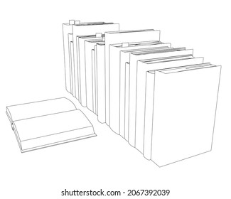 Contour of a stack of books from black lines isolated on a white background. One open book. Perspective view. Vector illustration