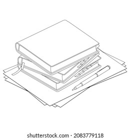 Contexto de una pila de libros con papel y un lapicero de líneas negras aislados en un fondo blanco. Ilustración del vector