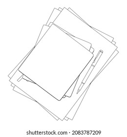 Contour of a stack of books with paper and a pen from black lines isolated on a white background. Vector illustration