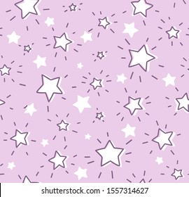 Contour stars, seamless lilac pattern, vector. Contour, shining stars with rays on the lilac field. Imitation of a freehand drawing. 