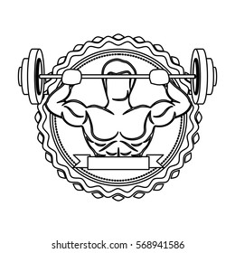 contour sticker border with muscle man lifting a disc weights and label