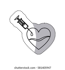 contour sticker needle syringe donate blood in heart shape vector illustration