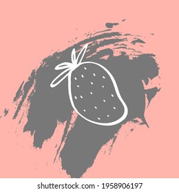 contour strawberry with dots and leaves on color spot background brush stroke vector pattern