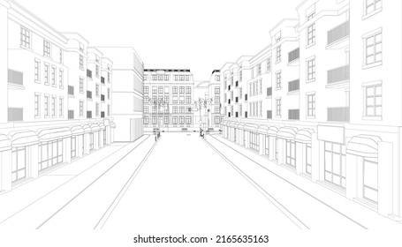 The contour of the street with houses and cars from black lines isolated on a white background. Vector illustration.