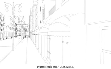 The contour of the street with houses and cars from black lines isolated on a white background. Vector illustration.