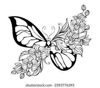 Cuello, estilizado, artístico mariposa, decorado con orquídeas exóticas de fondo blanco. Libro de colorear. 