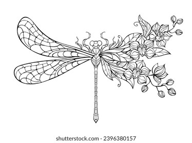 Contour, stylized, artistic dragonfly, decorated with exotic orchids on white background. Coloring dragonfly. Hand drawn vector art.