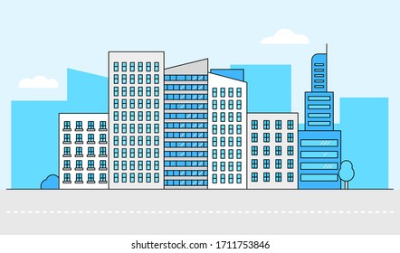 Contour stylized modern flat draft city buildings set. Vector graphic collection, logo templates