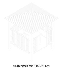 Contour of a summerhouse with benches, a table and a roof. View isometric. Vector illustration.