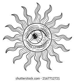 Contour sun with wavy rays and a wide open eye inside. Minimalistic modern art. Isolated contemporary design. Surrealism, sketch, tattoo