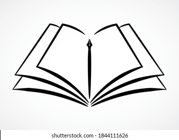 Contour symbol of opened book and pen, vector