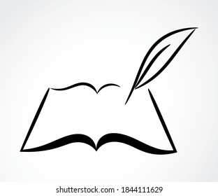 Símbolo de contorno de libro abierto y pluma, vector