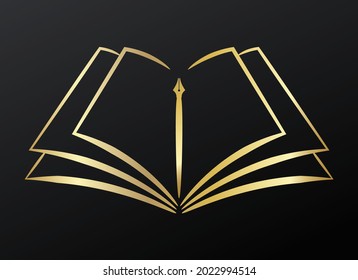 Contour symbol of opened book and pen, golden on black background, vector